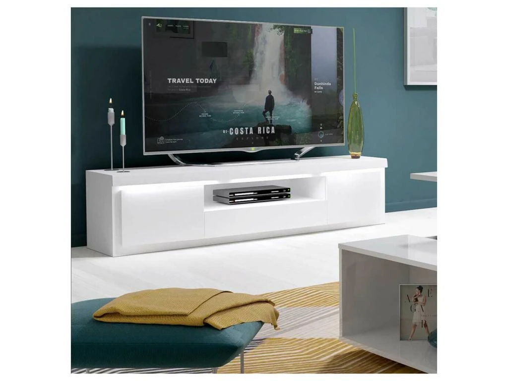 Meuble TV 2 Portes 1 Niche 1 Tiroir Blanc Laqué/ Leds - ESPRIT 3 Meuble TV 2 Portes 1 Niche 1 Tiroir Blanc Laqué/ Leds - ESPRIT