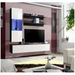 Meuble TV FLY H3 Design, Coloris Noir Et Blanc Brillant. Meuble Suspendu Moderne Et Tendance Pour Votre Salon.