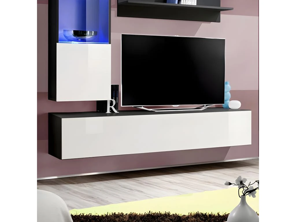 Meuble TV FLY H3 Design, Coloris Noir Et Blanc Brillant. Meuble Suspendu Moderne Et Tendance Pour Votre Salon. 5 Meuble TV FLY H3 Design, Coloris Noir Et Blanc Brillant. Meuble Suspendu Moderne Et Tendance Pour Votre Salon. – Image 3