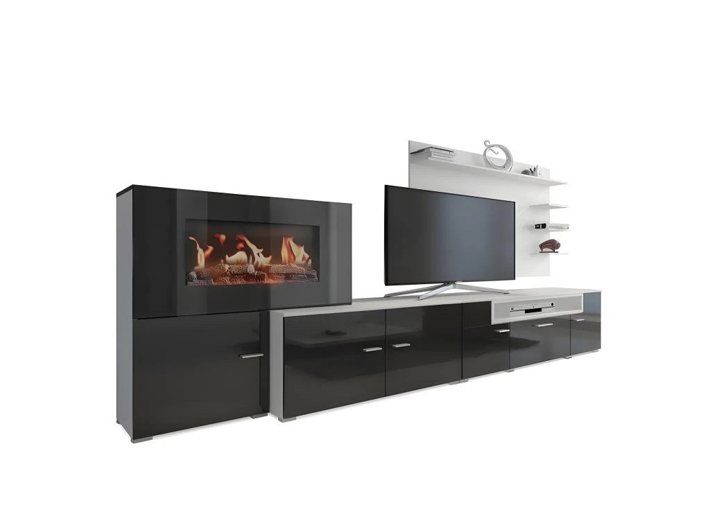 Meuble Salon+cheminee Electrique,5 Niv.de Flamme,Blanc Mate/Noir Laque,290x170x45 3 Meuble Salon+cheminee Electrique,5 Niv.de Flamme,Blanc Mate/Noir Laque,290x170x45