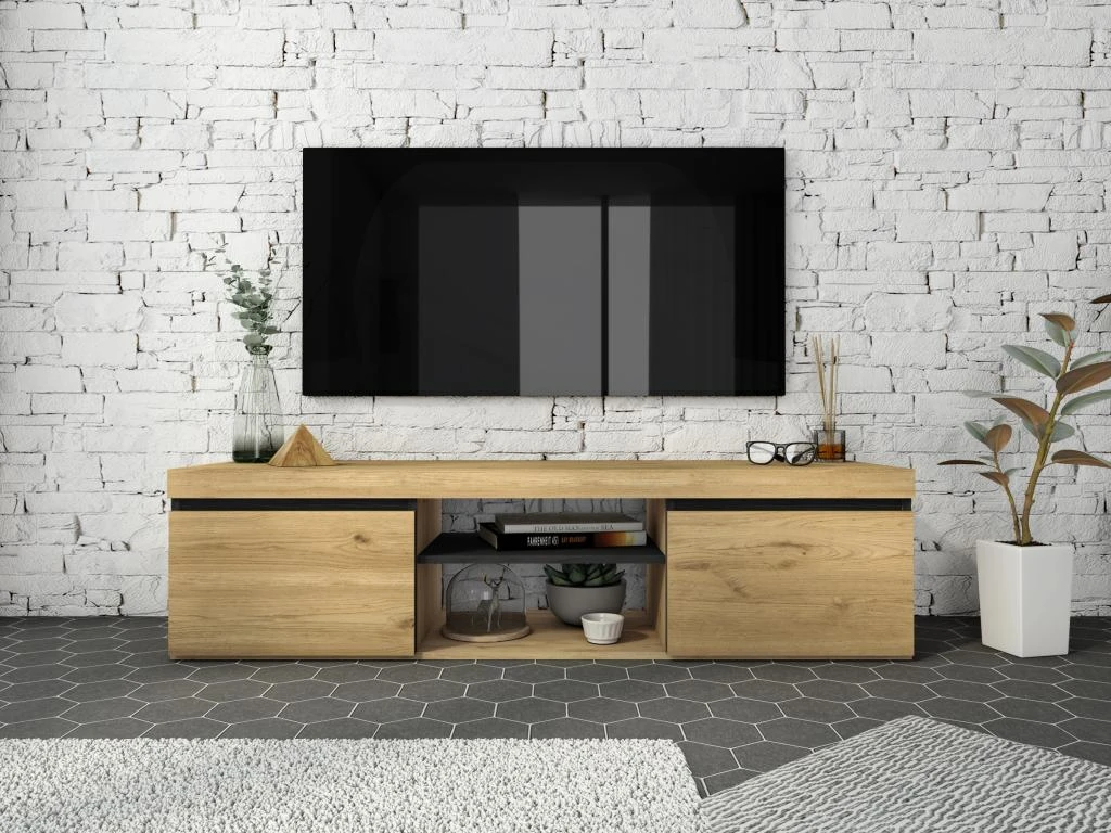 Meuble TV Mod.NATURALE ''Chene/Noir'', 2 Portes Et 2 Logements, Salon-sejour, 140x40x41cm 3 Meuble TV Mod.NATURALE ''Chene/Noir'', 2 Portes Et 2 Logements, Salon-sejour, 140x40x41cm
