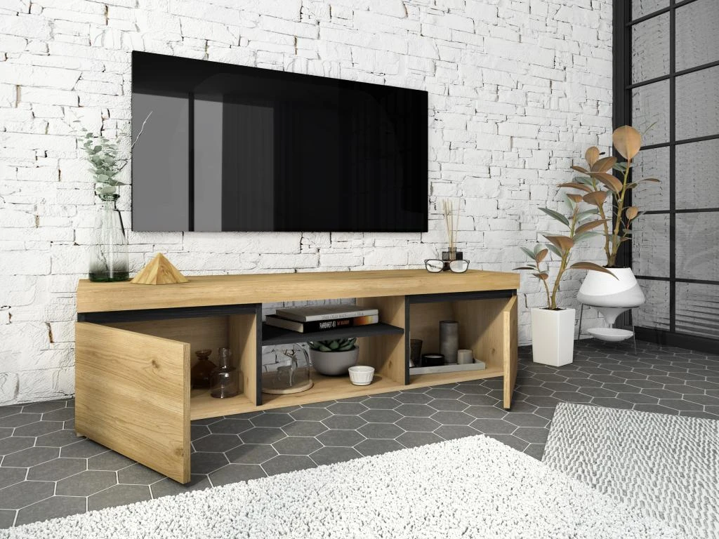 Meuble TV Mod.NATURALE ''Chene/Noir'', 2 Portes Et 2 Logements, Salon-sejour, 140x40x41cm 5 Meuble TV Mod.NATURALE ''Chene/Noir'', 2 Portes Et 2 Logements, Salon-sejour, 140x40x41cm – Image 3