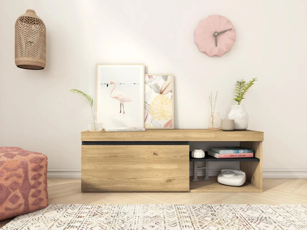 Meuble TV Mod.NATURALE ''Chene/Noir'', 1 Porte Et 2 Logements, Salon-sejour, 120x40x41cm 3 Meuble TV Mod.NATURALE ''Chene/Noir'', 1 Porte Et 2 Logements, Salon-sejour, 120x40x41cm