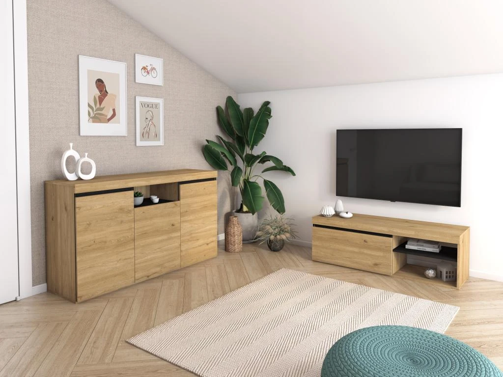 Meuble TV Mod.NATURALE ''Chene/Noir'', 1 Porte Et 2 Logements, Salon-sejour, 120x40x41cm 6 Meuble TV Mod.NATURALE ''Chene/Noir'', 1 Porte Et 2 Logements, Salon-sejour, 120x40x41cm – Image 4