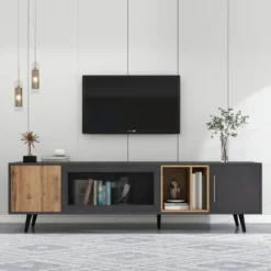 Meuble TV 200cm - Adapté Pour TV 90" - Avec Un Grand Espace De Rangement - Noir