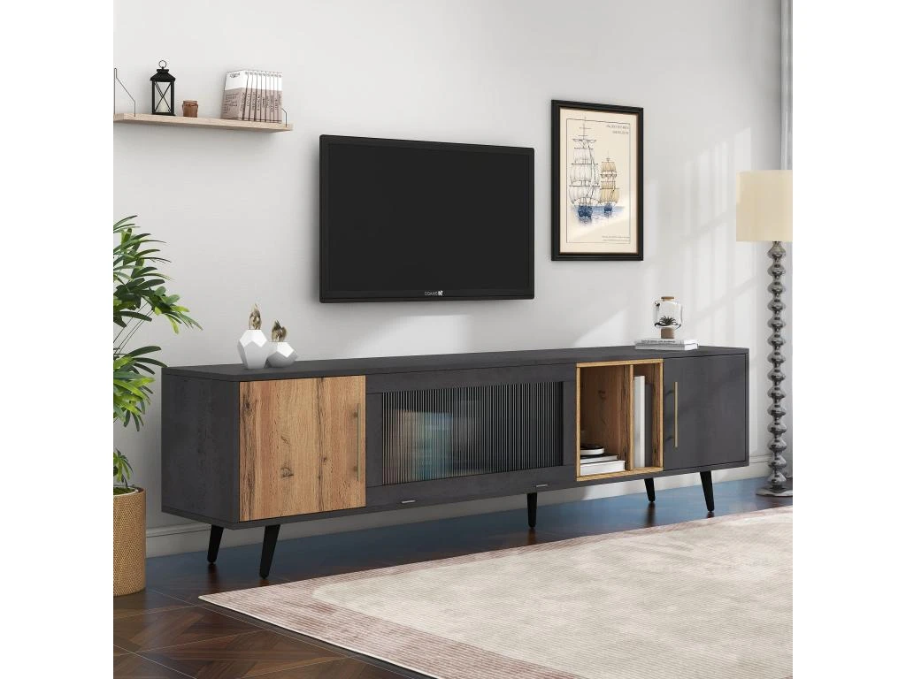Meuble TV 200cm - Adapté Pour TV 90" - Avec Un Grand Espace De Rangement - Noir 4 Meuble TV 200cm - Adapté Pour TV 90" - Avec Un Grand Espace De Rangement - Noir – Image 2