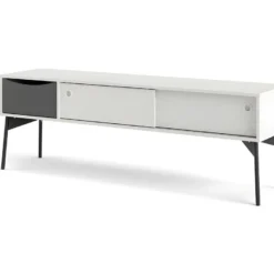 Fur Table TV Avec 2 Portes Coulissantes Et 1 Tiroir, Blanc Mat / Gris.