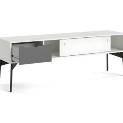 Fur Table TV Avec 2 Portes Coulissantes Et 1 Tiroir, Blanc Mat / Gris. -Pas Cher Mobiliora Magasin meuble tv 22088685