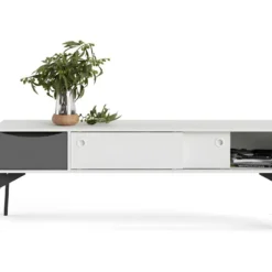 Fur Table TV Avec 2 Portes Coulissantes Et 1 Tiroir, Blanc Mat / Gris. -Pas Cher Mobiliora Magasin meuble tv 22088687