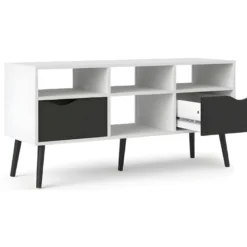Napoli Meuble TV Avec 2 Tiroirs Et 4 Tablettes De Rangement, Blanc Et Noir Mat. -Pas Cher Mobiliora Magasin meuble tv 22088717