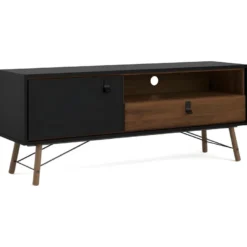 Table Rye TV 1 Porte, 1 Tiroir, Noir Mat, Finition Noyer. -Pas Cher Mobiliora Magasin meuble tv 22088853