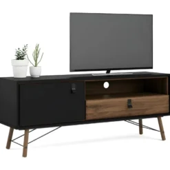 Table Rye TV 1 Porte, 1 Tiroir, Noir Mat, Finition Noyer. -Pas Cher Mobiliora Magasin meuble tv 22088859