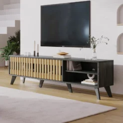 Meuble TV 160cm Avec 1 Tiroir Et 2 Portes Pour Chambre Ou Salon - Bois Rétro - Noir & Naturel -Pas Cher Mobiliora Magasin meuble tv 22120159