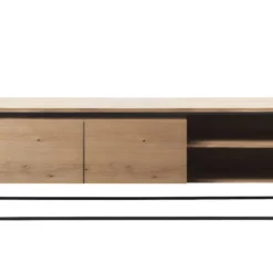 Rivoli Meuble TV 2 Tiroirs, 2 Espaces Ouverts, Finition Chêne Naturel, Noir.