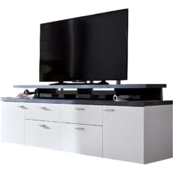 Mood Meuble TV 2 Portes, 2 Tiroirs, 4 Espaces De Rangement, 2 Rabats Blanc, Décor Pierre. -Pas Cher Mobiliora Magasin meuble tv 22163031