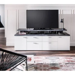 Mood Meuble TV 2 Portes, 2 Tiroirs, 4 Espaces De Rangement, 2 Rabats Blanc, Décor Pierre. -Pas Cher Mobiliora Magasin meuble tv 22163035