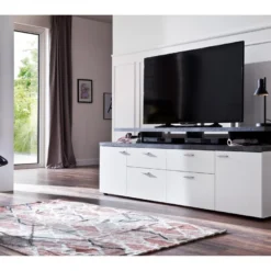 Mood Meuble TV 2 Portes, 2 Tiroirs, 4 Espaces De Rangement, 2 Rabats Blanc, Décor Pierre. -Pas Cher Mobiliora Magasin meuble tv 22163037