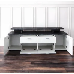 Mood Meuble TV 2 Portes, 2 Tiroirs, 4 Espaces De Rangement, 2 Rabats Blanc, Décor Pierre. -Pas Cher Mobiliora Magasin meuble tv 22163039