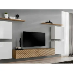 Ensemble De Meubles Design De Salon SWITCH IV. Coloris Blanc Et Chêne. Finitions Chêne Fraisé Et Blanc Brillant .