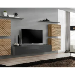 Ensemble De Meubles Design De Salon SWITCH IV. Coloris Chêne Et Gris. Finitions Chêne Fraisé Et Gris Brillant .