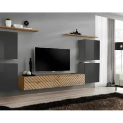 Ensemble De Meubles Design De Salon SWITCH IV. Coloris Gris Et Chêne. Finitions Gris Brillant Et Chêne Fraisé.