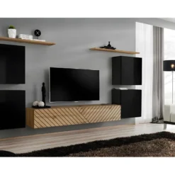 Ensemble De Meubles Design De Salon SWITCH IV. Coloris Noir Et Chêne. Finitions Noir Brillant Et Chêne Fraisé.