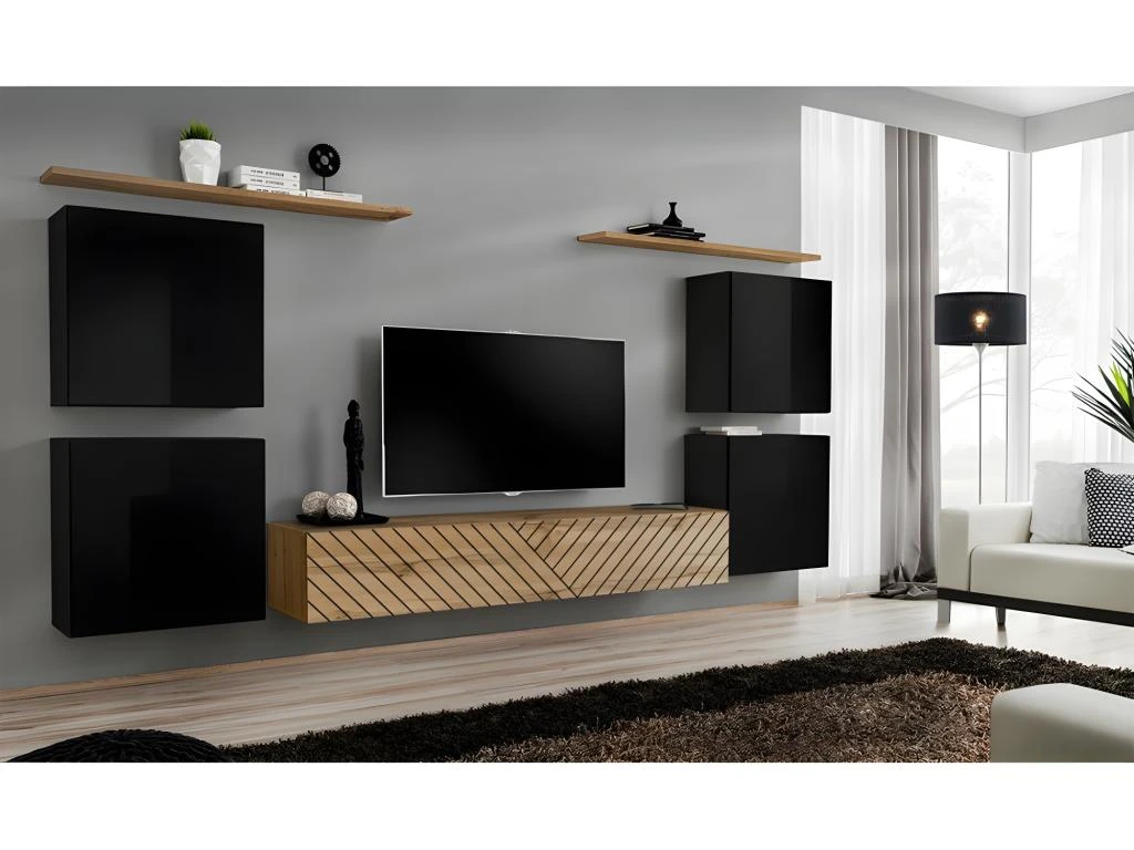 Ensemble De Meubles Design De Salon SWITCH IV. Coloris Noir Et Chêne. Finitions Noir Brillant Et Chêne Fraisé. 3 Ensemble De Meubles Design De Salon SWITCH IV. Coloris Noir Et Chêne. Finitions Noir Brillant Et Chêne Fraisé.