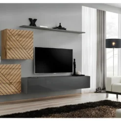 Ensemble De Meubles Design De Salon SWITCH V, Coloris Chêne Et Gris Finitions Chêne Fraisé Et Gris Brillant.