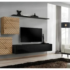 Ensemble De Meubles Design De Salon SWITCH V, Coloris Chêne Et Noir Finitions Chêne Fraisé Et Noir Brillant.