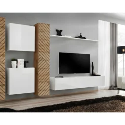Ensemble De Meubles Design De Salon SWITCH VI. Coloris Chêne Et Blanc Finition Chêne Effet Fraisé Et Blanches Brillantes.