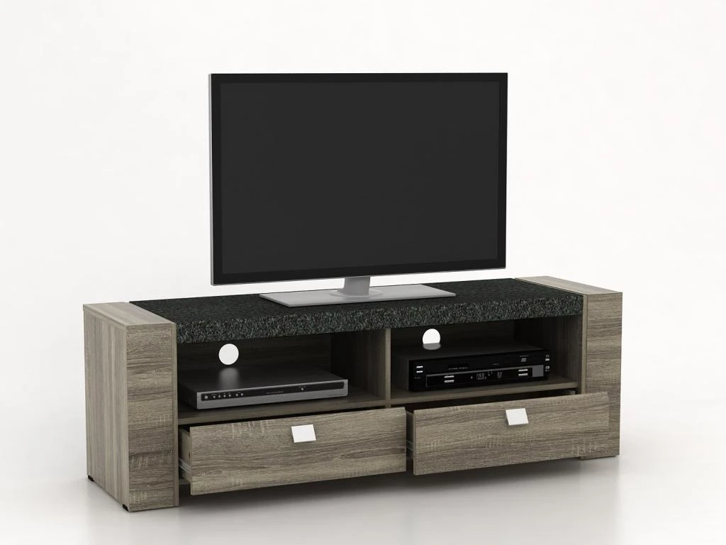 Meuble TV METEORITE - 2 Niches & 2 Tiroirs - MDF Plateau Effet Granite 10 Meuble TV METEORITE - 2 Niches & 2 Tiroirs - MDF Plateau Effet Granite – Image 8