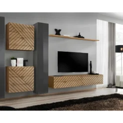 Ensemble De Meubles Design De Salon SWITCH VI. Coloris Gris Et Chêne Finition Gris Brillant Et Chêne Effet Fraisé.