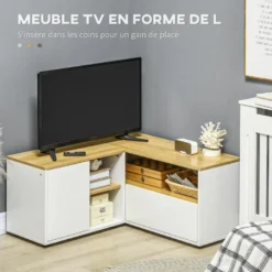 Meuble TV D'angle Banc TV En L 2 Portes 3 Niches Panneaux Aspect Bois Chêne Clair Blanc -Pas Cher Mobiliora Magasin meuble tv 22962507