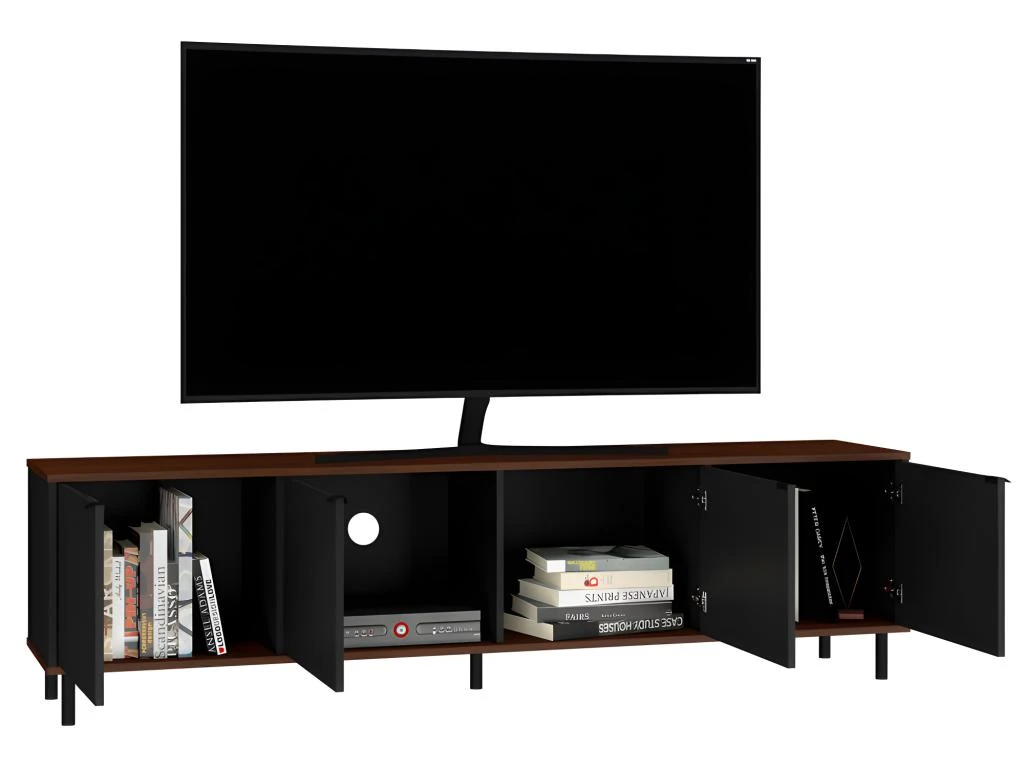 Meuble TV 80 Pouces 4 Portes 4 Niches Châtaignier Et Noir 4 Meuble TV 80 Pouces 4 Portes 4 Niches Châtaignier Et Noir – Image 2