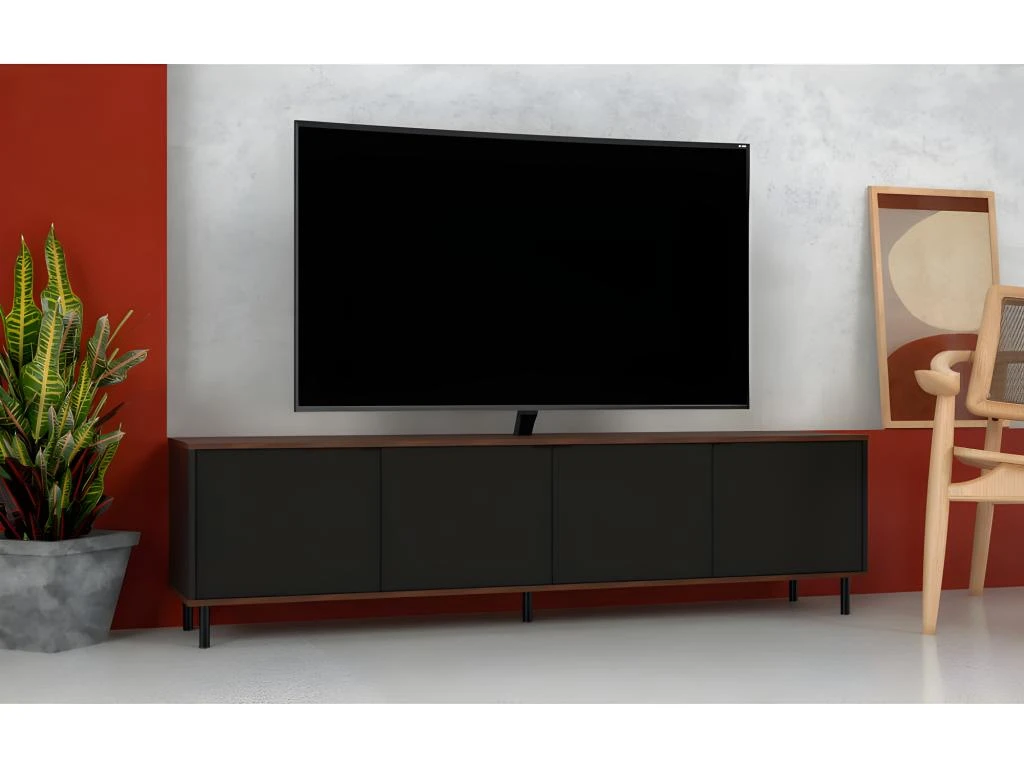 Meuble TV 80 Pouces 4 Portes 4 Niches Châtaignier Et Noir 5 Meuble TV 80 Pouces 4 Portes 4 Niches Châtaignier Et Noir – Image 3