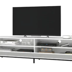 Meuble TV 70 Pouces 2 Abattants 4 Niches Blanc Pieds Métal 8 Meuble TV 70 Pouces 2 Abattants 4 Niches Blanc Pieds Métal -Pas Cher Mobiliora Magasin meuble tv 22970079