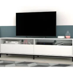 Meuble TV 70 Pouces 2 Abattants 4 Niches Blanc Pieds Métal 9 Meuble TV 70 Pouces 2 Abattants 4 Niches Blanc Pieds Métal -Pas Cher Mobiliora Magasin meuble tv 22970081