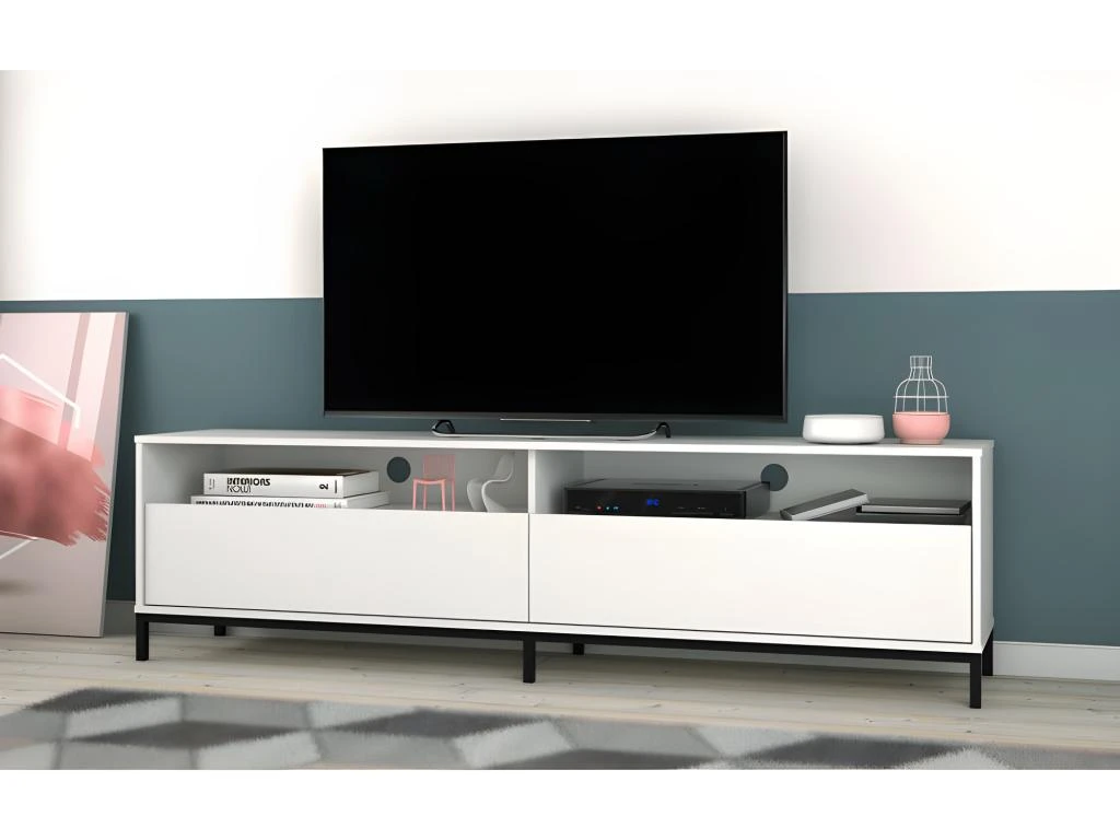 Meuble TV 70 Pouces 2 Abattants 4 Niches Blanc Pieds Métal 5 Meuble TV 70 Pouces 2 Abattants 4 Niches Blanc Pieds Métal – Image 3