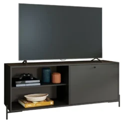 Meuble TV Bar 60 Pouces Noir 1 Porte 4 Niches Pieds Métal Ronds