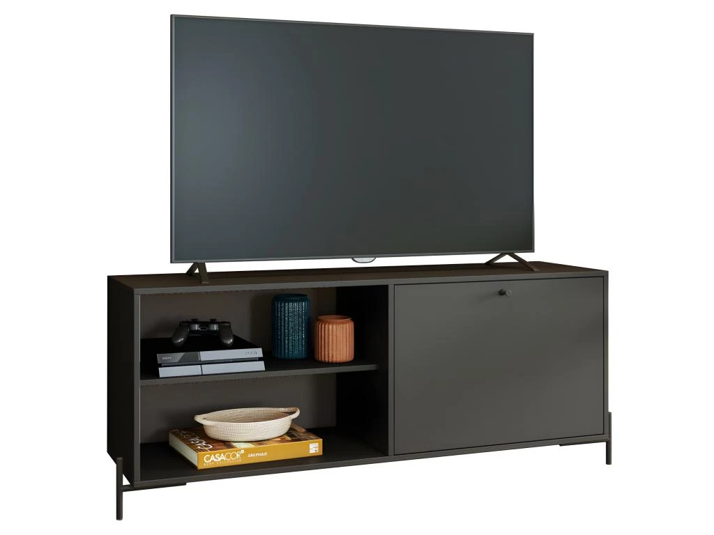 Meuble TV Bar 60 Pouces Noir 1 Porte 4 Niches Pieds Métal Ronds 3 Meuble TV Bar 60 Pouces Noir 1 Porte 4 Niches Pieds Métal Ronds