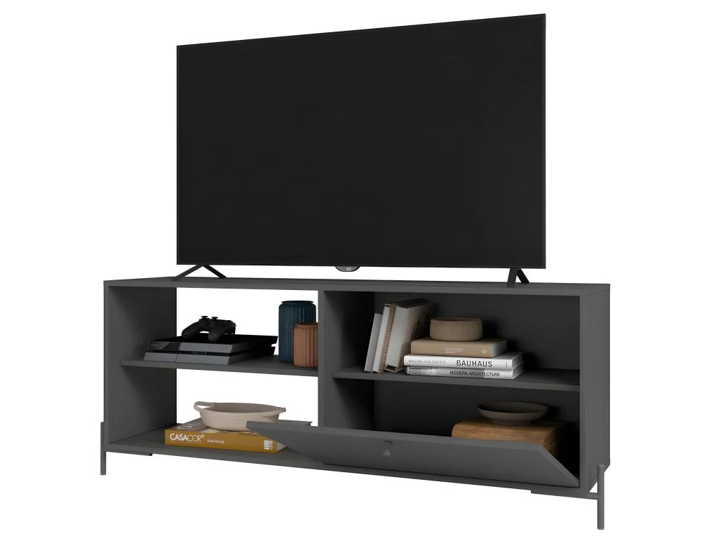 Meuble TV Bar 60 Pouces Noir 1 Porte 4 Niches Pieds Métal Ronds 4 Meuble TV Bar 60 Pouces Noir 1 Porte 4 Niches Pieds Métal Ronds – Image 2