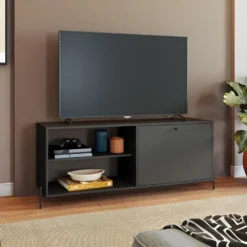 Meuble TV Bar 60 Pouces Noir 1 Porte 4 Niches Pieds Métal Ronds 9 Meuble TV Bar 60 Pouces Noir 1 Porte 4 Niches Pieds Métal Ronds -Pas Cher Mobiliora Magasin meuble tv 22970101