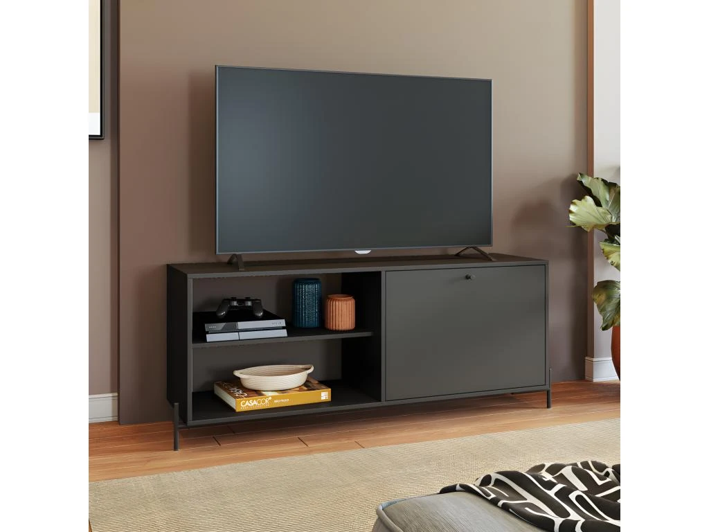 Meuble TV Bar 60 Pouces Noir 1 Porte 4 Niches Pieds Métal Ronds 5 Meuble TV Bar 60 Pouces Noir 1 Porte 4 Niches Pieds Métal Ronds – Image 3