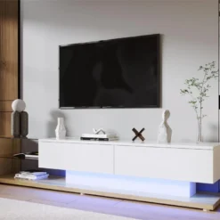 Meuble TV 170cm Avec LED - Cloison Vitrée - 2 Tiroirs - Blanc & Naturel