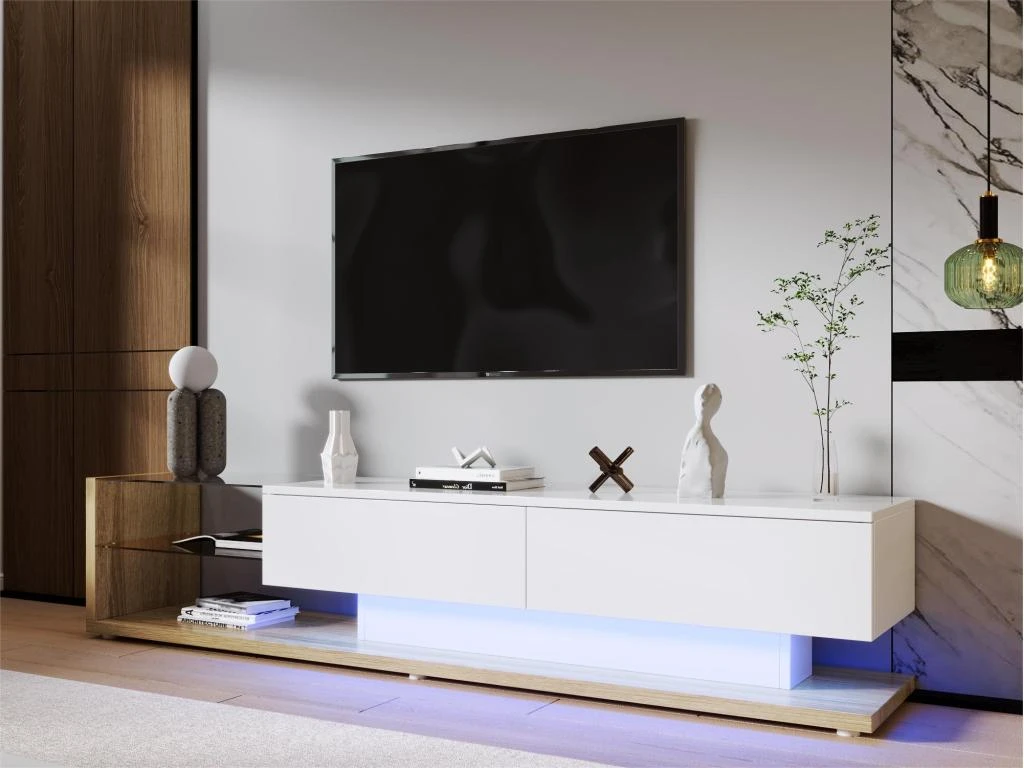 Meuble TV 170cm Avec LED - Cloison Vitrée - 2 Tiroirs - Blanc & Naturel 3 Meuble TV 170cm Avec LED - Cloison Vitrée - 2 Tiroirs - Blanc & Naturel