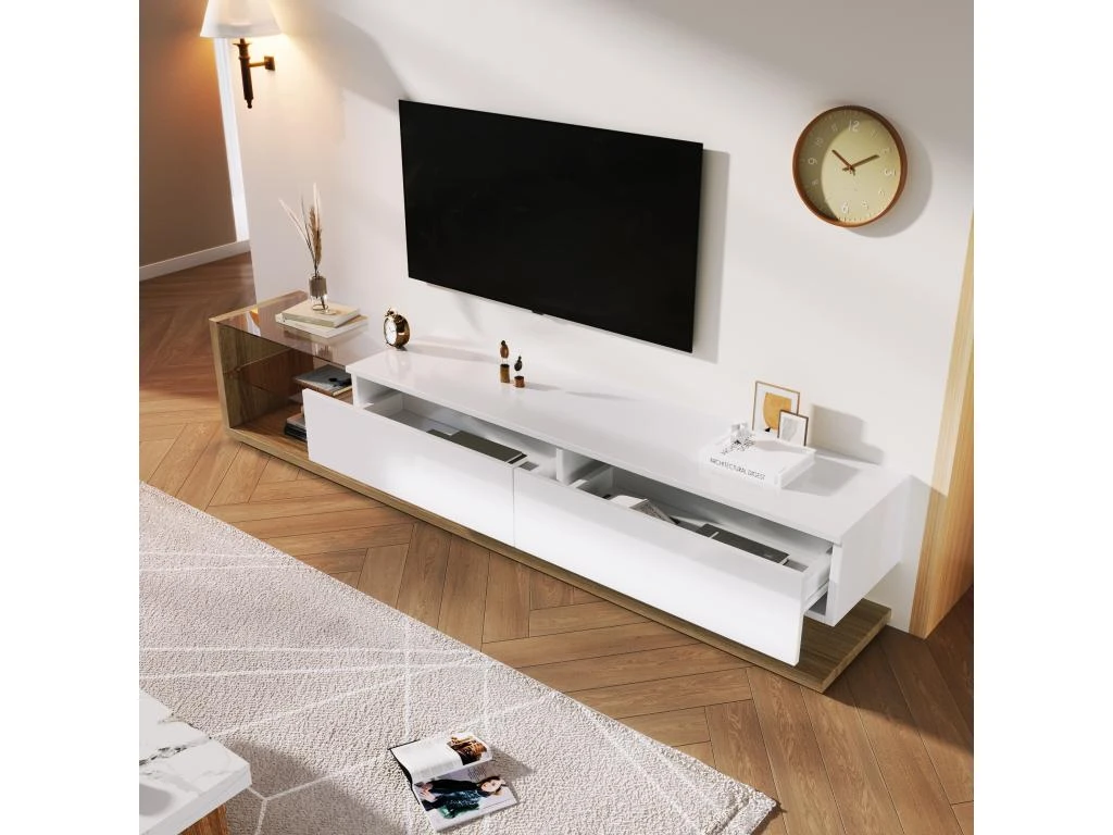 Meuble TV 170cm Avec LED - Cloison Vitrée - 2 Tiroirs - Blanc & Naturel 4 Meuble TV 170cm Avec LED - Cloison Vitrée - 2 Tiroirs - Blanc & Naturel – Image 2