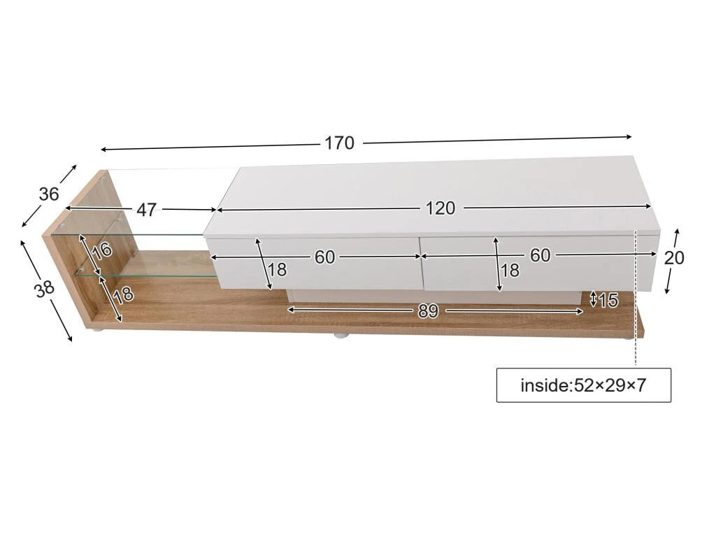 Meuble TV 170cm Avec LED - Cloison Vitrée - 2 Tiroirs - Blanc & Naturel 6 Meuble TV 170cm Avec LED - Cloison Vitrée - 2 Tiroirs - Blanc & Naturel – Image 4