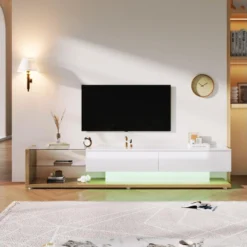 Meuble TV 170cm Avec LED - Cloison Vitrée - 2 Tiroirs - Blanc & Naturel 11 Meuble TV 170cm Avec LED - Cloison Vitrée - 2 Tiroirs - Blanc & Naturel -Pas Cher Mobiliora Magasin meuble tv 22991343