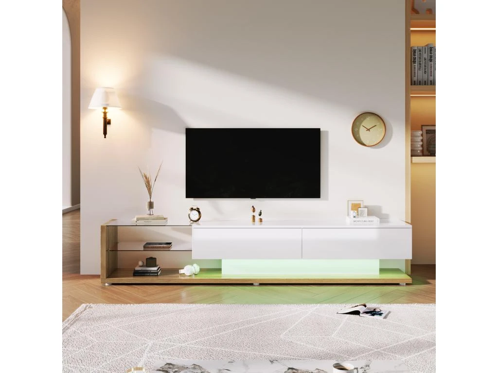 Meuble TV 170cm Avec LED - Cloison Vitrée - 2 Tiroirs - Blanc & Naturel 7 Meuble TV 170cm Avec LED - Cloison Vitrée - 2 Tiroirs - Blanc & Naturel – Image 5