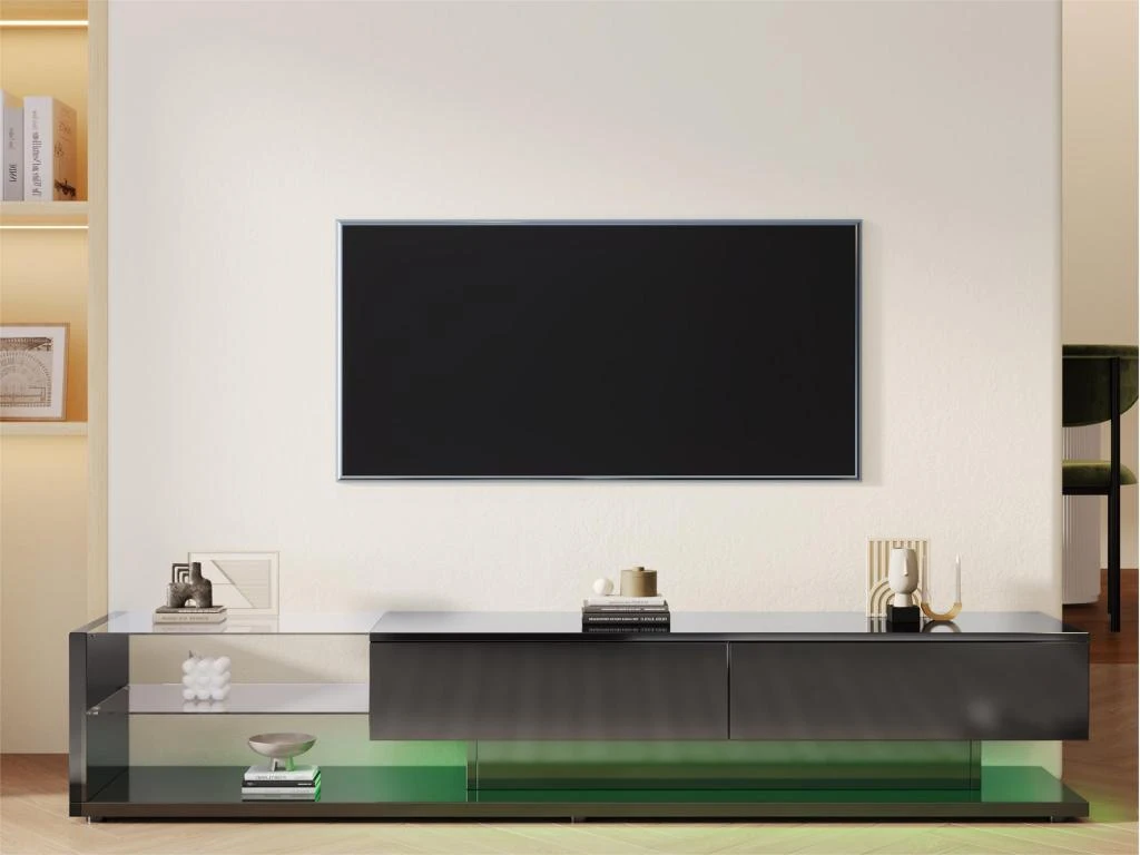 Meuble TV 170cm Avec LED - Cloison Vitrée - 2 Tiroirs - Noir 3 Meuble TV 170cm Avec LED - Cloison Vitrée - 2 Tiroirs - Noir